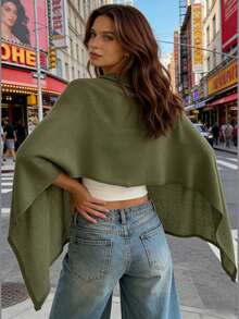 Womens Knitted Poncho Solid Color Asymmetric Shawl Wraps Comfortable Cape For All Seasons - 軍綠色 - View 2
