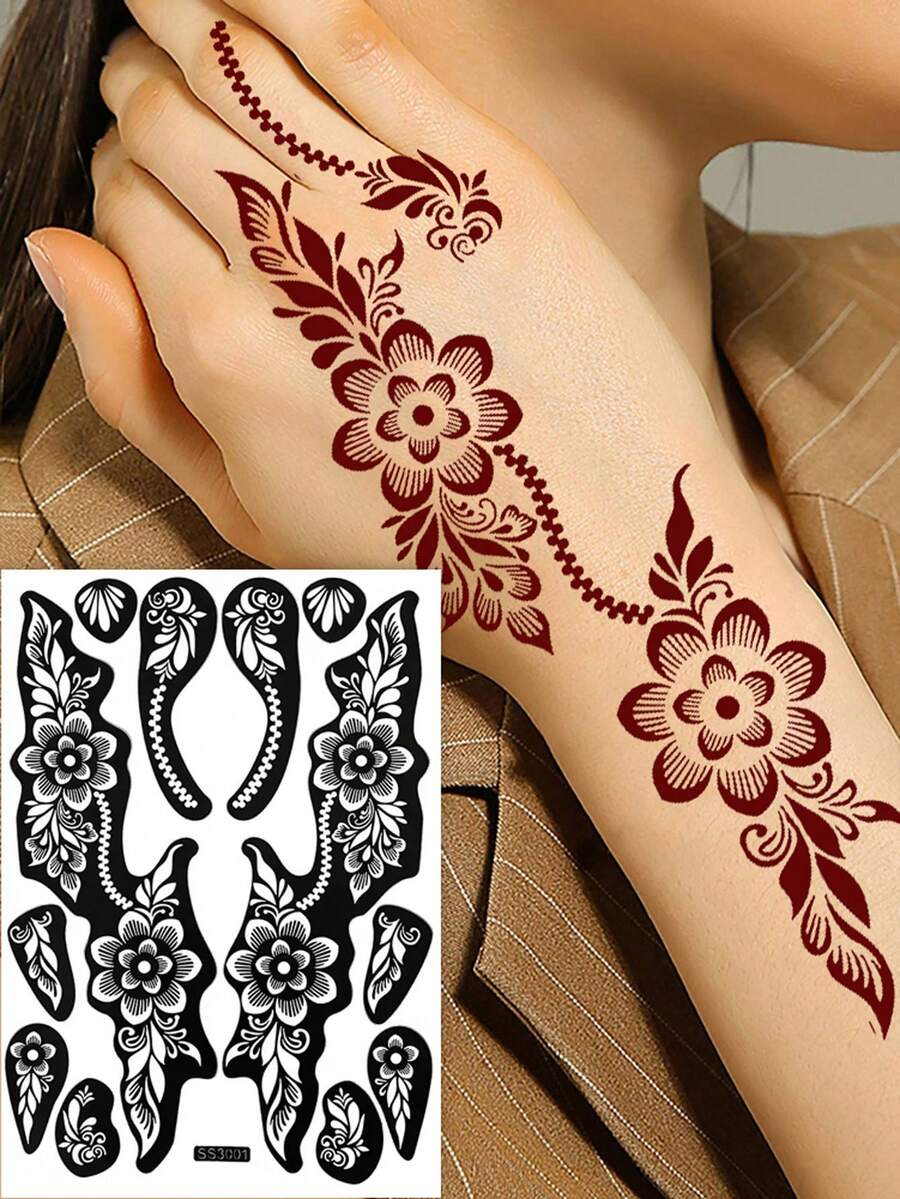 1pc Reusable Hollow Henna Tattoo Stencil For Women Hand Arm Sleeve Waterproof Temporary DIY Tattoo Painting Template - Black - View 1