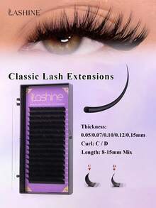 LASHINE 0.05/0.07/0.10/0.12/0.15mm 厚度 高级天鹅绒纤维 经典浓密型 哑光黑色 蓬松羊绒 常规款 C/D 卷度 8-16mm 浓密型 羊绒假睫毛 哑光仿貂毛 专业美睫 - 查看 1