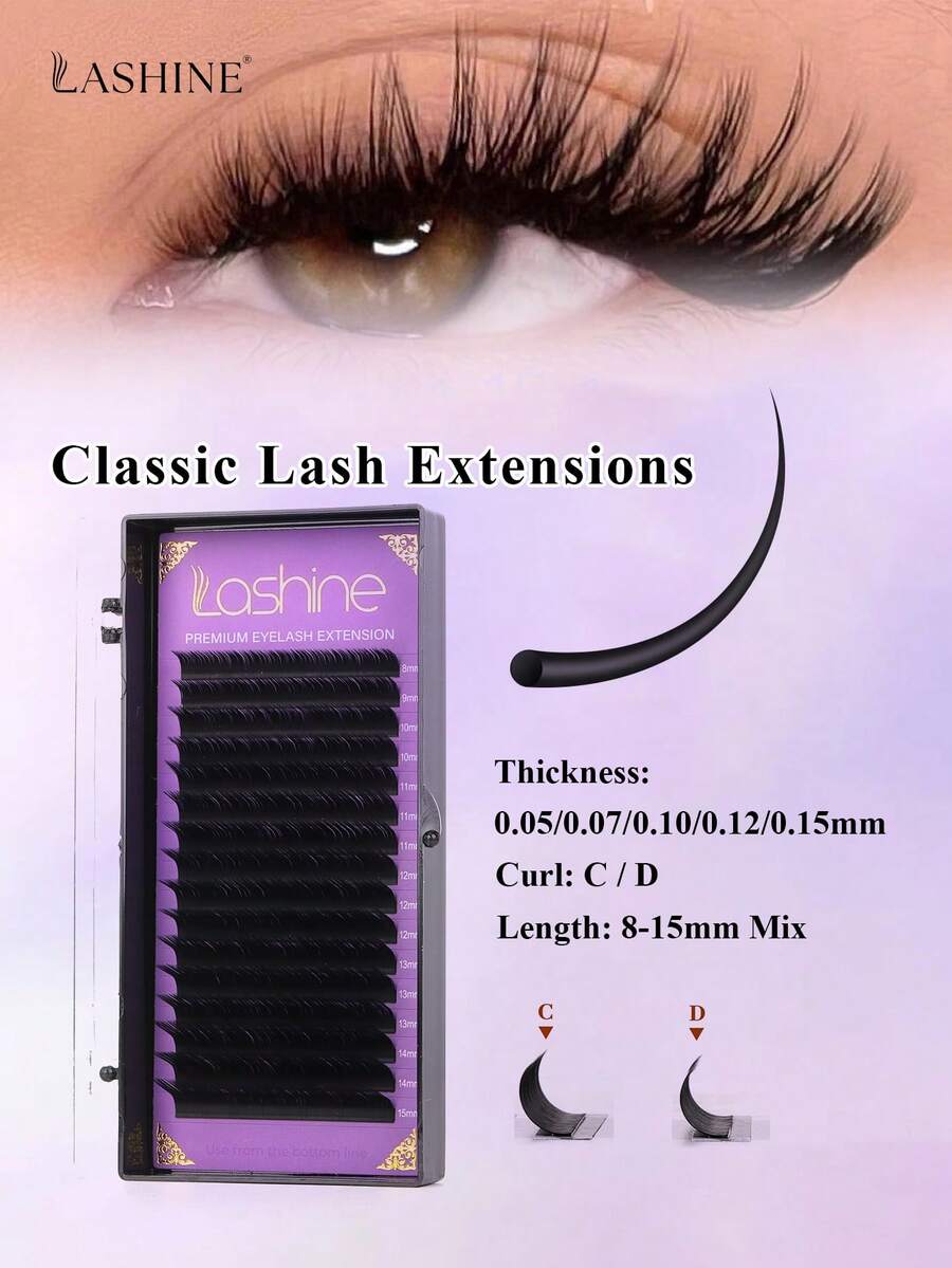 LASHINE 0.05/0.07/0.10/0.12/0.15mm 厚度 高级天鹅绒纤维 经典浓密型 哑光黑色 蓬松羊绒 常规款 C/D 卷度 8-16mm 浓密型 羊绒假睫毛 哑光仿貂毛 专业美睫 - 查看 1