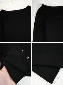 Áo len dệt kim dài tay màu đen dễ thương và ngọt ngào, cổ lệch, dáng ôm, thiết kế hở vai, xẻ tà hai bên, thích hợp cho nữ mùa xuân/hè. - màu đen - Xem 8