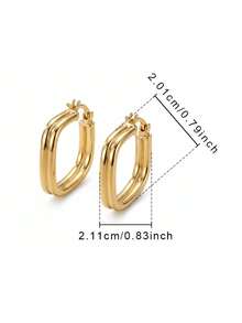1 Pair Minimalist Double-Layer Oval Hoop Earrings, Gold Geometric Lightweight Everyday Earrings, Elegant Modern Jewelry For Women, Copper Material Non-Fading And Hypoallergenic - Gold - View 5