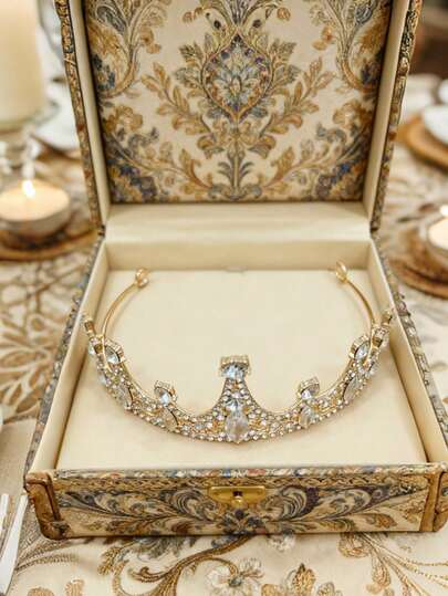 Vintage Court Style Gold Rhinestone Crown, Luxury Bridal Wedding Tiara Hair Accessory, European Princess - Style Banquet Styling Headpiece