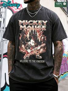 Men's Disney Mickey Mouse T-Shirt Guitar Castle Pattern T-Shirt With Casual Short Sleeve Top With Vintage Wash Design For Casual Occasions. Summer Cotton Top - Black - View 2