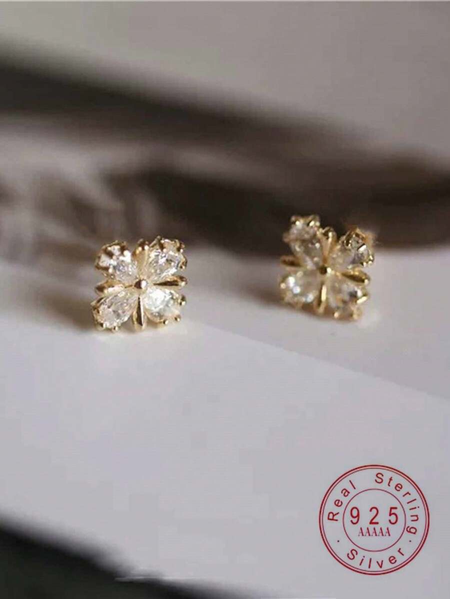 1 Pair S925 Sterling Silver Zirconia Cross Flower Stud Earrings, Elegant Fashion Jewelry Gift For Women, Couples, Friends - Cross Flower 1 - View 1