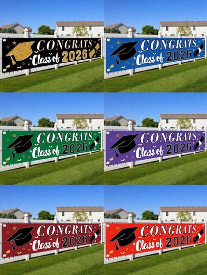 1pc Large Graduation Banner, 200*40cm Class Of 2026 Congrats Grad Yard Sign For Graduation Party Decorations 2026, Black/Red/Green/Blue Golden Welcome Sign Outside Fence Garage Garden Porch Backdrop Home Decor Wall Room Decor 2D Flat Outdoor Hanging Banner,Graduation Gifts