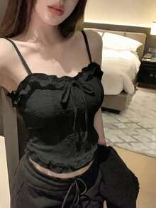 蘑菇蕾丝边吊带背心，优雅叠穿吊带衫，性感提花露脐背心带胸垫，夏季 - 黑色 - 查看 1