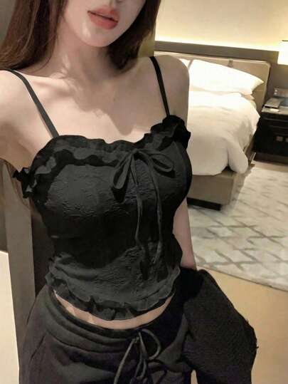 蘑菇蕾丝边吊带背心，优雅叠穿吊带衫，性感提花露脐背心带胸垫，夏季