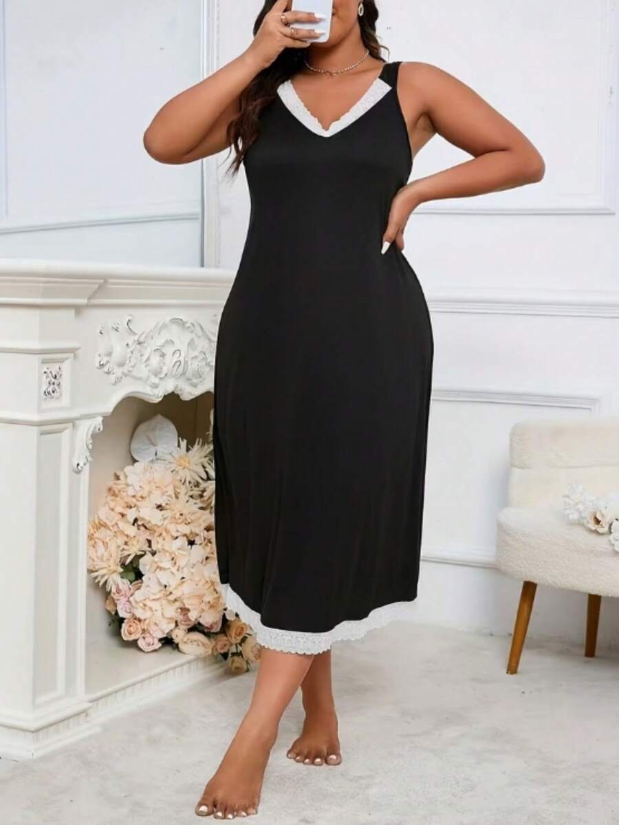 Vestido camisero negro de escote en V para mujer talla grande, vestido de tirantes midi de corte evasé con contraste blanco en el bajo y volante, estilo elegante de vacaciones de verano - Negro - Ver 1