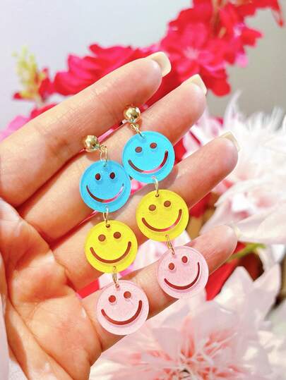 1对春季返校季亚克力可爱笑脸三钉耳环，彩色闪亮撞色耳环，女士礼物，派对耳环