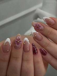 24pcs Almond-Shaped 3D Gel Nail Stickers, Floral Nail Art Design, French Tip Stickers, Pearl Decor, Perfect Fit Acrylic Nail Kit, Includes: 1pc Jelly Gel And 1pc Nail File, Bloominggelnails French Manicure, Suitable For Women's Daily Work, Festivals, Parties, Etc. Nail Supplies TVYF - 酒紅色 - 查看 5