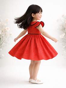 Girl's Dress With Delicate Floral Print, Classic Peter Pan Collar, Ruffles, Short Sleeves, Elegant Pom-Poms, Full Skirt, Comfortable Soft Cotton, Premium Fabric, Party, Birthday, Christening, Special Events, Charming Look, Children's Fashion, Princess Style, Casual Chic, Spring/Summer, Girls' Clothes, Comfort, Sweet, Blogger Look, Photography, Outing, Perfect Gift, Charming, Stylish, Floral Print - 紅色波點 - 查看 3