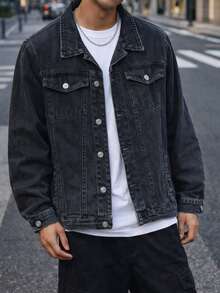 Men's Streetwear Destroyed Blue Denim Jacket – Casual Urban Style With Buttons And Pockets. - 深灰色 - 查看 1