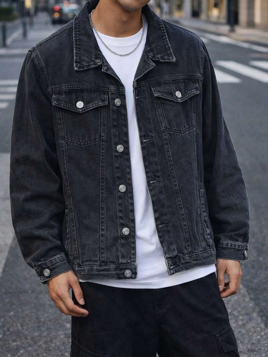 Men's Streetwear Destroyed Blue Denim Jacket – Casual Urban Style With Buttons And Pockets. - 深灰色 - 查看 1