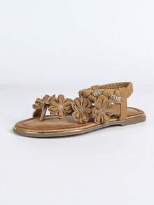 2026 New Floral Bohemian PU Leather Flip Flops With Rhinestone Elastic Band, Casual Sandals - Camel - View 6