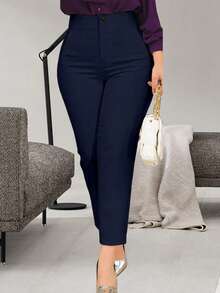 Pantalones rectos de unicolor con bolsillo, botón, cremallera y tela elástica, ajuste ceñido, para uso casual y oficina, primavera/verano - Azul Marino - Ver 2