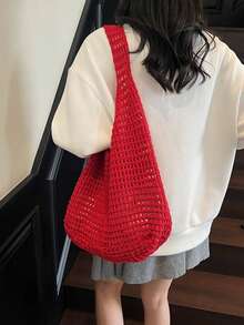 Yogodlns Women's Crochet Aesthetic Design Beach Bag, Woven Net Underarm Bag, Versatile Summer Shoulder Bag, Casual Shoulder Bag For Women, Handbag - 米色 - 查看 6