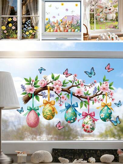 BRUP 1/2 ark påskfönsterdekorationer – söta kanin- och äggklistermärken för barnrum, vårblommor, körsbärsblommor, fönsterdekaler med konst och fjärilar, avtagbara glasklistermärken för barnrumsdekor