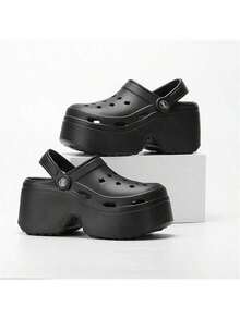 Women's Black Breathable Sandals, Slip-On Wedge Shoes, EVA Lightweight Versatile Casual Slippers For Summer - Black - View 1