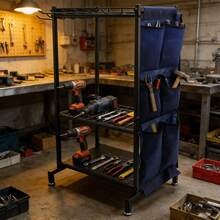 1PC Garden Tool Rack Multi-Slot Storage Organiser Stable Carbon Steel Stand With Hanging Pockets For Shed Garage - Black - View 5