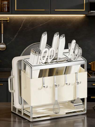 1pc Multi-Functional Kitchen Countertop Organizer Features A Knife Slot, Pot Lid, And Cutting Board Holder. It Saves Space, Is Durable And Non-Slip, Suitable For Homes And Apartments, And Is Easy To Install And Clean. It's An Ideal Kitchen Accessory