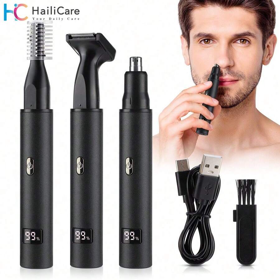 Hailicare 3-In-1 Electric Nose Hair Ear Hair Trimmer For Men, LED Display, Painless Trimming For Sideburns, Eyebrows, Beard, USB Rechargeable, 7500 RPM, Easy To Clean - Black - View 1