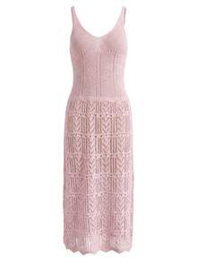 Elegante vestido de mujer de punto con abertura, sin mangas, cuello en V, ajustado, con diseño calado - Rosa Pálido - Ver 8