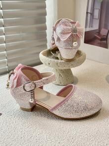 女童闪亮低跟凉鞋，蝴蝶结珍珠踝带闪亮派对鞋 - 粉色 - 查看 7