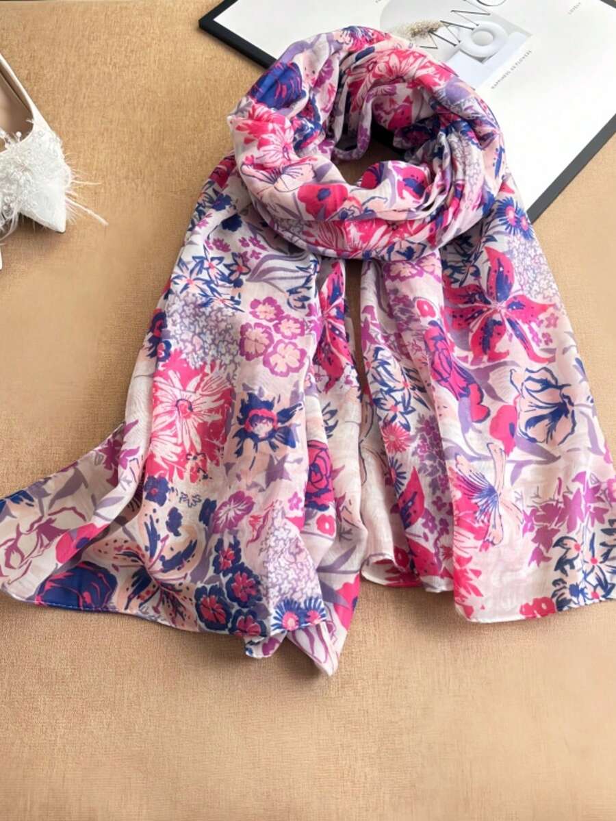 1pc Women's Ditsy Floral Scarf, Pink, Spring - Pink - View 1