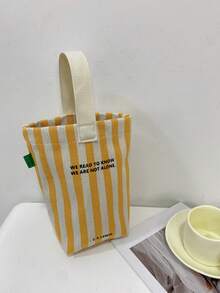 时尚简约条纹图案女士小手提包，休闲帆布小包，轻便可折叠迷你方包，黑色字母个性化设计，可装钥匙、水瓶、手机和个人物品，适合外出、散步和携带宠物。 - 黃色 - 查看 11