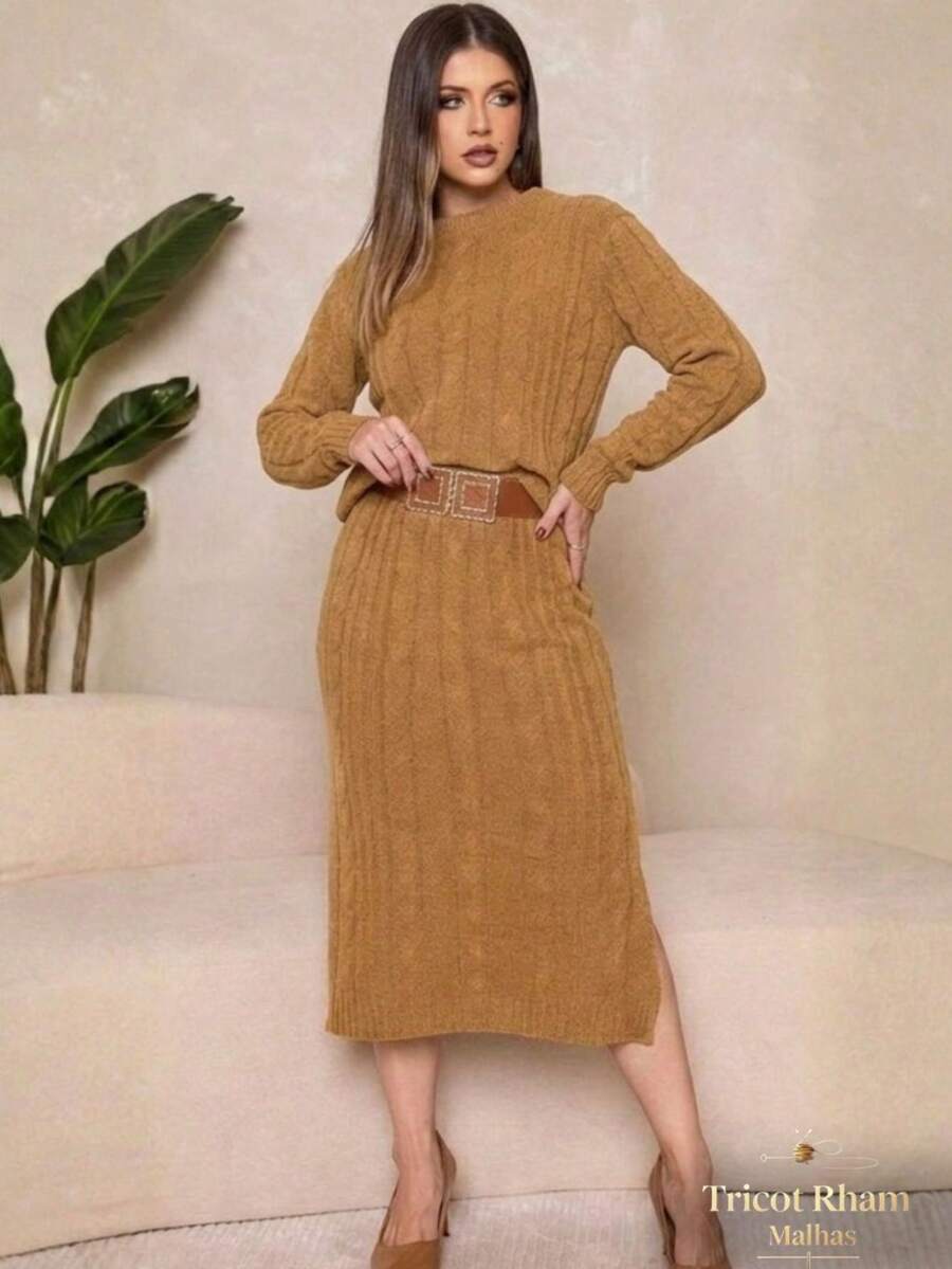 Women's Knit Set: Long-Sleeved Blouse And Skirt With Side Slit, Winter Fashion. - Camel - View 1