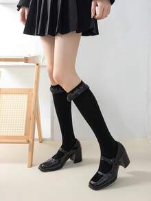 1 Pair Women's Knee-High Socks, Black & White Lace Trim Slimming Leg Socks For Spring/Summer, Versatile Wear With Skirts - Multicolor - View 11