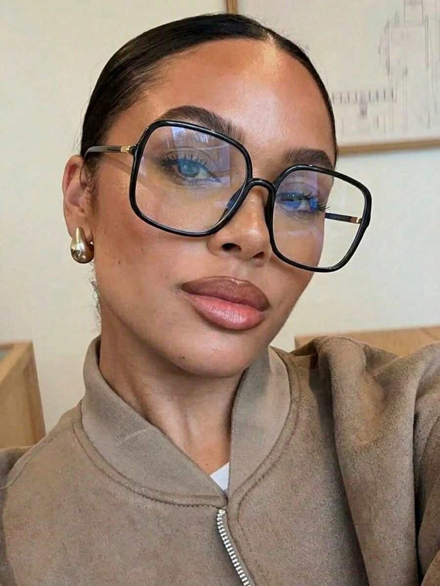 1pc Unisex Large Frame Casual Everyday Wear Flat Lens Glasses, Computer Glasses, Women's Classic Retro Leopard Print Bohemian Fashion Versatile Solid Black Glasses, Non-Prescription, Suitable For Back To School, Reading, Street Style Outfit Accessory - Black Frame - View 1