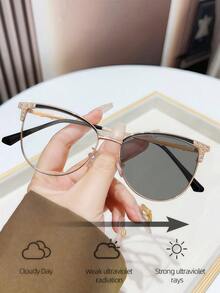 1 pieza Gafas de montura de ojo de gato metálica, lentes fotocromáticas sensibles a la luz para exteriores, gafas sin receta para computadora para interiores, miopía, versátil y de moda para mujeres - Multicolor - Ver 10