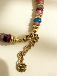 Bohemian Style Colorful Natural Stone Bead Bracelet, Made Of Stainless Steel, With Gold-Plated Interlocking Beads. A Fashionable Beach Vacation Accessory For Women, A Creative Handmade Gift. Pendant Bracelet As A Gift For Girlfriends, Sisters, Friends, Grandpa, Grandma, Mom, Dad. Holiday Gift. The Color Sequence Is Randomly Arranged. - Lucky - View 4