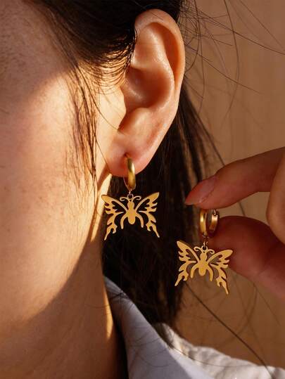 1对时尚镂空蝴蝶耳环，女士金色不锈钢几何耳环，婚礼派对珠宝礼物