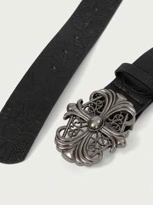 Glisma 1pc Women's Retro Alloy Buckle Printed PU Waist Belt, Suitable For Western Cowboy Style Summer, School Fall, Autumn, Halloween - Black - View 3