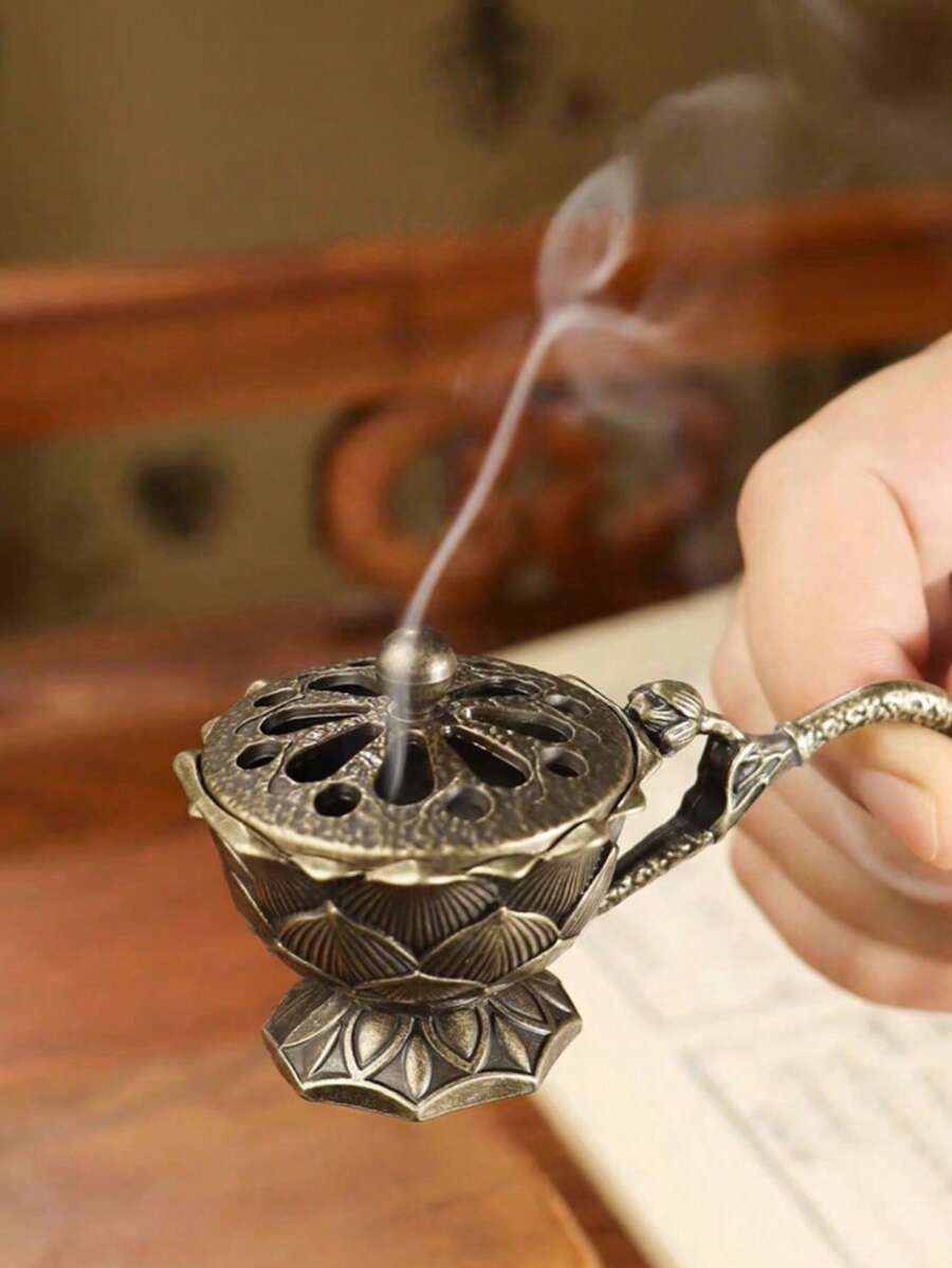 1個復古手持蓮花迷你指尖精緻香爐，銅合金香爐，家居裝飾，芳香療法，香塔，沉香容器，茶道，送禮，傳統文化禮品 - 銅色 - 查看 1
