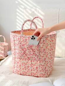 1Pc Floral Print Quilted Storage Basket Laundry Basket Large Capacity Portable Storage Bag Foldable Snack Basket With Handle For Women And Girls Cosmetic Storage Basket Toy Storage Basket Skincare Storage Basket Women Makeup Storage Multifunctional Storage Basket Cosmetic Organizer Home Decor Livingroom Bedroom Decor Bathroom Decor Closet Organization And Storage Clothes Organizer Home Deco School Dormitory Back To School Essentials - Pink - View 7