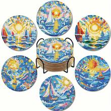 6件套DIY钻石画杯垫套装，带支架 - 海洋主题，圆形和不对称形状钻石，木制工艺套装，适合成人和初学者 - 查看 1