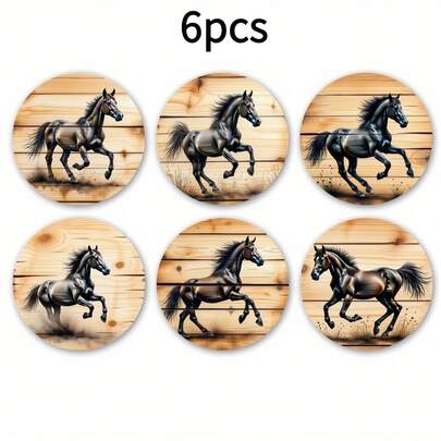 6pcs 2D Vintage Horse Print Design Round Wooden Coasters, Suitable For Patio, Kitchen, Living Room, Home Gatherings, Dining Table Decor, Gifts For Friends And Family, Ideal For Valentine's Day, Wedding, Birthday, Holiday Party Home Accessories