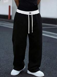 Men's; 1pc Loose Fashion Sports Pants, Belt-Out Colorblock Design. Unisex Wide Leg Pants Casual Minimalist, Waist Drawstring, Large Pockets, Suitable For Watching World Cup, Daily Walking, Work, Travel, Etc. Perfect Gift For Father On Father's Day, July 4th Celebration - Black - View 9