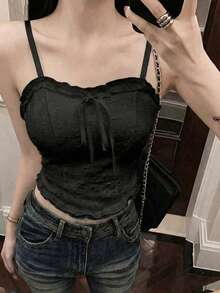 蘑菇蕾丝边吊带背心，优雅叠穿吊带衫，性感提花露脐背心带胸垫，夏季 - 黑色 - 查看 2