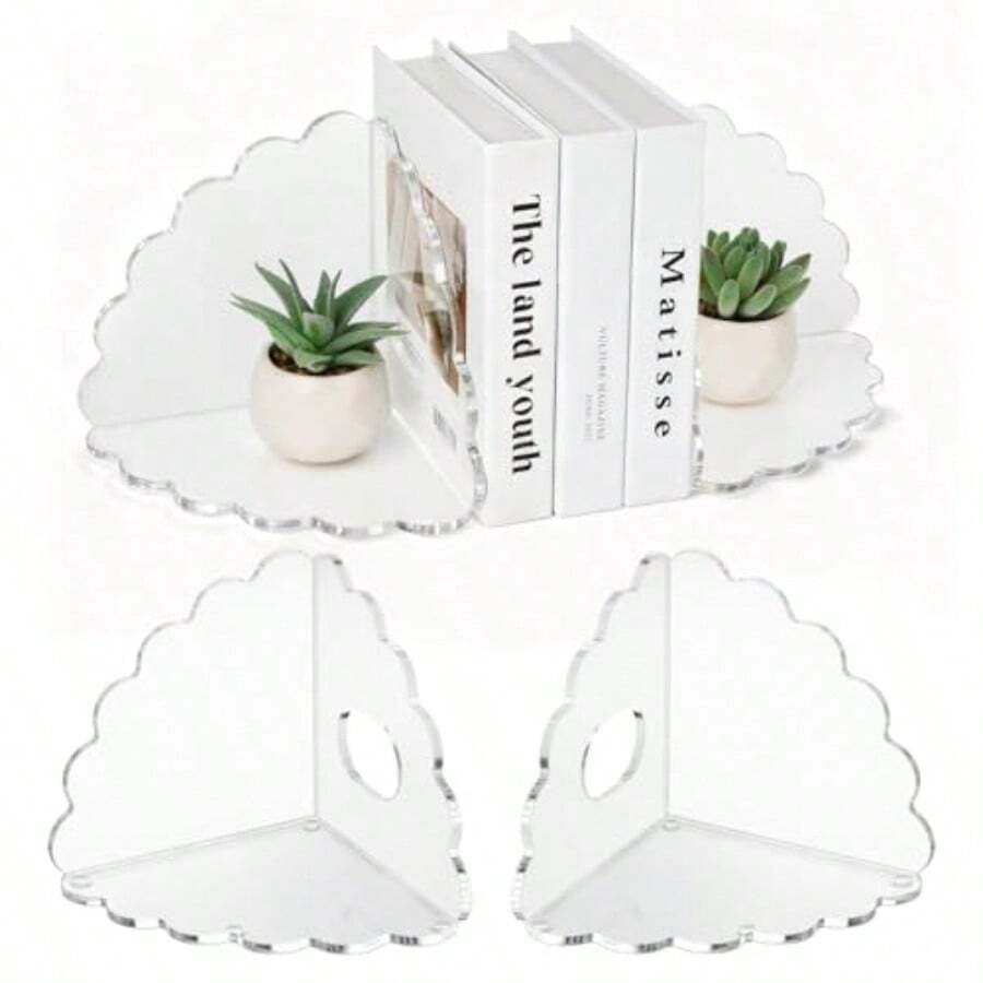 Sujetalibros acrílicos festoneados 4 unidades soportes decorativos transparentes antideslizantes minimalistas para libros archivos CD y videojuegos moderno organizador minimalista para - Transparente - Ver 1