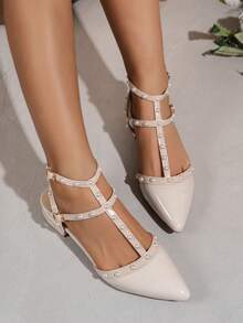 女士卡其色高跟鞋，饰有交叉铆钉，性感时尚尖头高跟鞋，单带金属扣设计，新款纤细高跟凉鞋 - 卡其色 - 查看 2