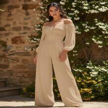 Palazzo mujer elegante escote corazon hombros decubiertos pliegue en pecho manga larga corte en cintura pierna ancha manga  verano con elegancia - Beis - Ver 5