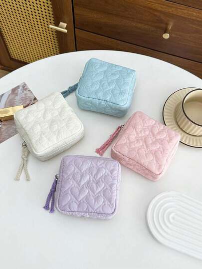 One Candy-Colored Quilted Heart-Patterned Storage Bag, A Sanitary Napkin Organizer, Mini Cosmetic Bag, Large-Capacity, Simple And Portable Storage Bag With Zipper Closure. It Can Store Tampons, Toiletries, Lipstick, Sanitary Napkins And Panty Liners, Cosmetics And Other Small Items. Suitable For School, Vacation, Work, Home, Travel, And Room Decoration.