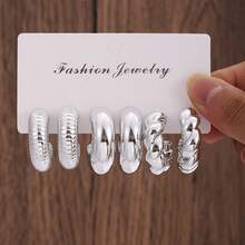18-6pcs Elegant CCB Water Drop, Asymmetrical Ring Earrings, Twisted, Geometric Design Resin Earrings Set, Fashionable Daily Versatile Jewelry - Silver - View 8