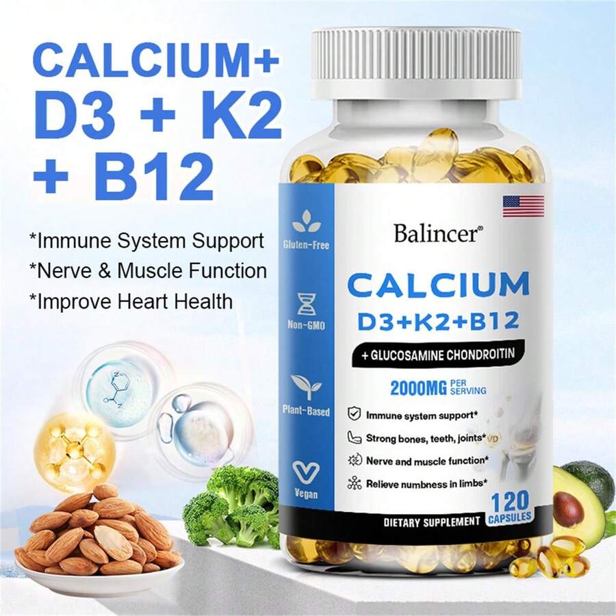 Calcium Supplement - Contains Vitamins D3, K2, B12, Zinc, Supports Immune, Nerve & Heart Health - 120 Softgels - 1 chai - Xem 1