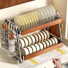 Luxury 2-Tier Dish Drainer Organizer, Stainless Steel With Wood Details, 43x27x34 Cm - 查看 2